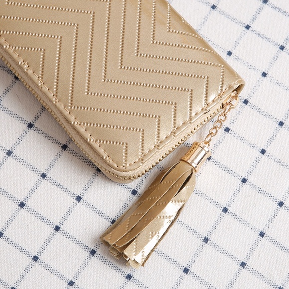 $10 ADD ON ITEM- Gold Chevron Pattern Tassel Wallet Stylish Zippered Clutch - Picture 4 of 10
